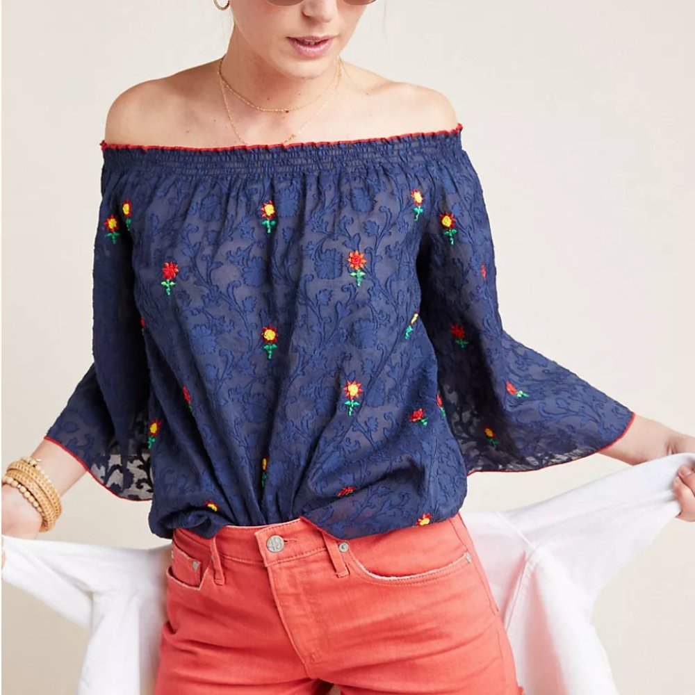 ANTHROPOLOGIE/ PAYAL JAIN Jayna Embroidered Off The Shoulder Navy Top - Sz XS - Picture 1 of 11